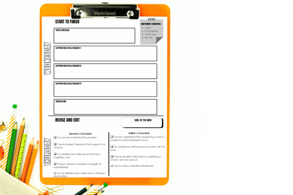 A clipboard with a writing worksheet labeled START TO FINISH features sections for Writing Prompts, evidence, and editing. Pencils and colored pens are in a holder at the bottom left. The background is white, perfect for encouraging kids to write creatively.
