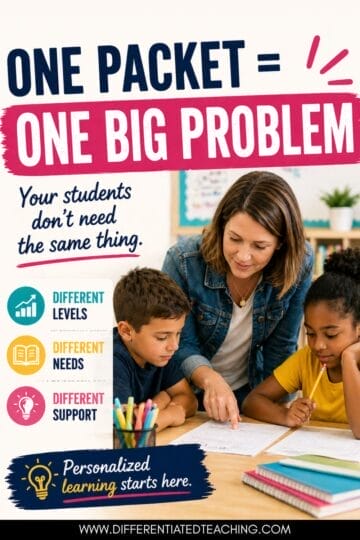 A teacher helps two students with schoolwork at a desk. Text reads: One packet = One big problem. Prevent summer slide in upper elementary—your students don’t need the same thing. Icons show different levels, needs, and support. Caption: Personalized learning starts here.