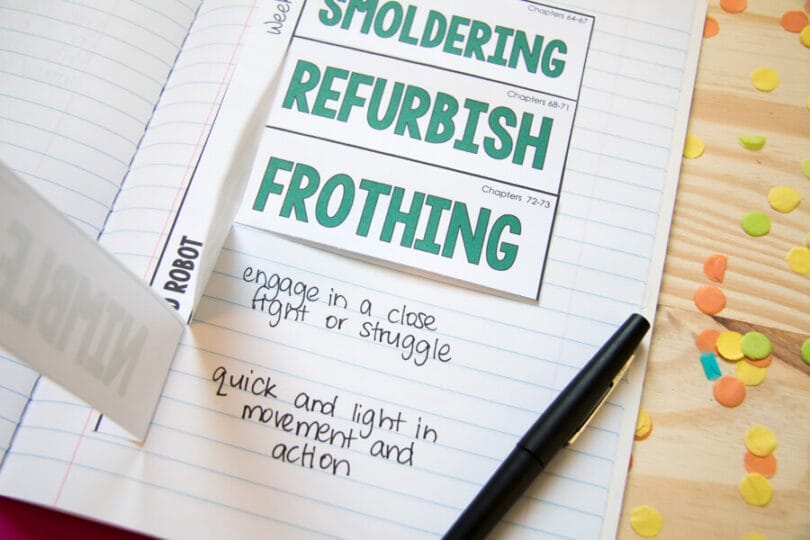 An open notebook displays vocabulary words—smoldering, refurbish, frothing—on cards. Handwritten definitions and a black pen are on the page. Colorful confetti is scattered on the wooden table, ready for your Wild Robot novel study.