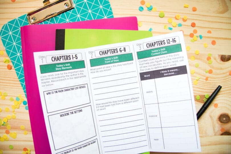 Three reading comprehension worksheets for chapters 1–16 of your Wild Robot novel study are placed on colorful folders and a clipboard on a wooden desk. Confetti, a black pen, and engaging comprehension questions make this set a perfect classroom guide.