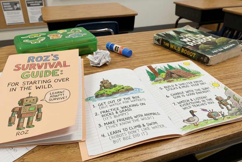 A classroom desk displays Roz’s Survival Guide, an open illustrated notebook with survival tips, Comprehension Questions for Wild Robot, a glue stick, crayons, and the book. Chairs and desks are in the background.