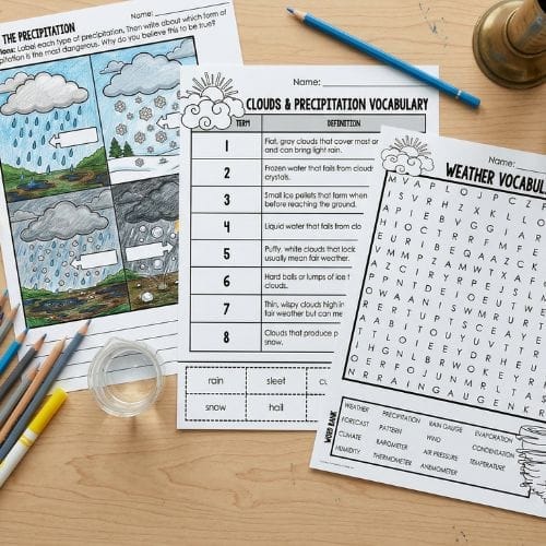 A tabletop with colored pencils, a cup of water, and three weather-themed worksheets: a colored precipitation diagram, a clouds and precipitation vocabulary list to help struggling learners understand vocabulary, and a weather vocabulary word search.