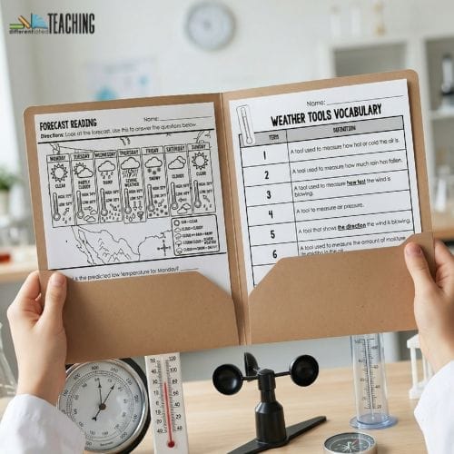 A person holds an open folder displaying weather-related worksheets titled Forecast Reading and Weather Tools Vocabulary—perfect weather activities to help struggling learners understand vocabulary. Science instruments are visible on a table in the background.