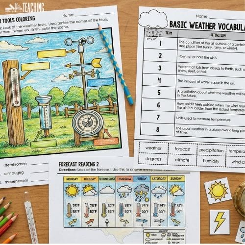 A tabletop with weather-themed worksheets and fun weather activities, including a colored weather tools sheet, a vocabulary chart to help struggling learners understand vocabulary, a weekly forecast, pencils, scissors, and cutouts like a sun and cloud.