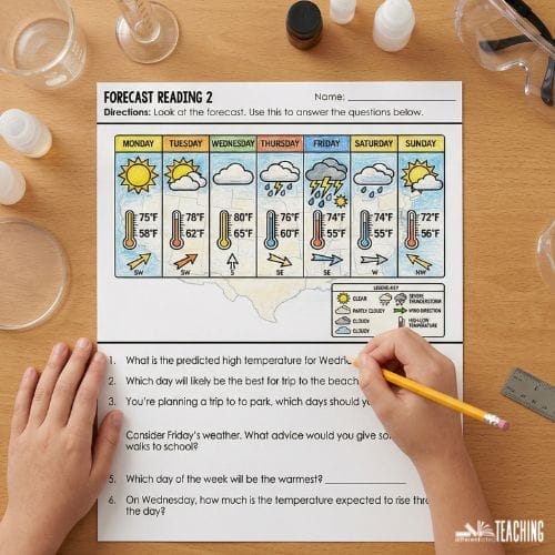 A student completes a weather forecast worksheet with daily temperatures and weather icons, using writing tools on a wooden desk surrounded by science supplies—perfect for helping struggling learners understand vocabulary through engaging weather activities.