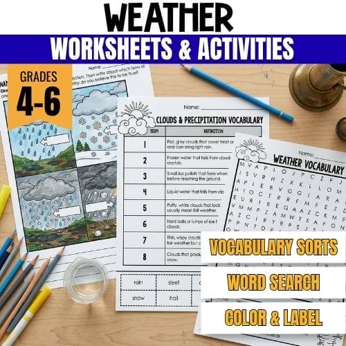 A set of weather worksheets for grades 4–6 is displayed on a desk with colored pencils and scissors. The pages feature vocabulary lists, definitions, a word search, and weather activities ideal for engaging struggling learners.