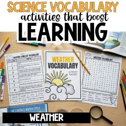 A tabletop displays science vocabulary worksheets about weather, including weather activities for struggling learners, a vocabulary packet with clouds and sun, and a word search, surrounded by books, colored pencils, and markers.