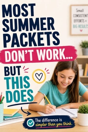 A young girl sits at a desk, smiling as she writes in a notebook. Text reads, Most summer packets don’t work for summer slide 4th grade… but this does. The difference is simpler than you think. Shelves with books and plants are in the background.