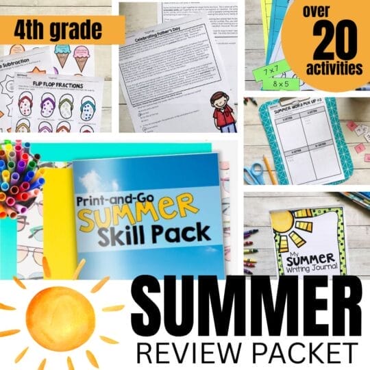 Collage showing 4th grade summer review packet with worksheets, activities, colorful pens, and a sun illustration. Text highlights over 20 activities and Print-and-Go Summer Skill Pack to help prevent summer slide upper elementary.