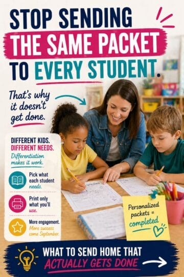 A smiling teacher helps two young students with their work at a table. Bold text urges: Stop sending the same summer work packet 4th 5th grade to every student. Graphics promote personalized learning instead of identical packets for all.