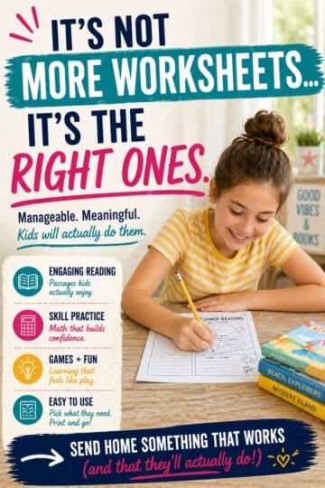 A smiling girl sits at a table, writing on a worksheet from a summer work packet 4th 5th grade. Colorful text highlights engaging reading, skill practice, games, and ease of use. Books and school supplies are on the table.