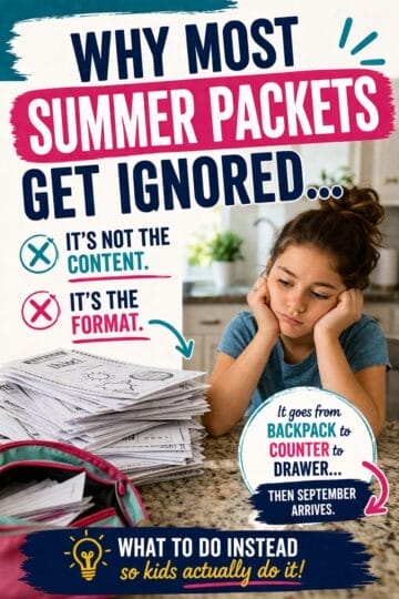 A young girl sits at a kitchen counter, looking bored and frustrated next to a large stack of papers. Text questions if the usual summer work packet 4th 5th grade is really the best choice for what to send home for summer 4th grade.