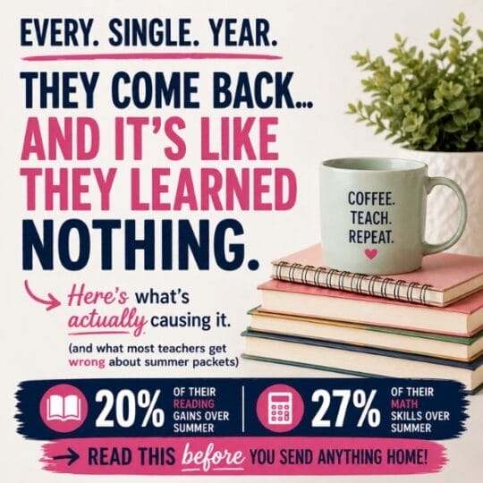 A stack of books beside a mug labeled Coffee. Teach. Repeat. Text explains how students lose skills to the summer slide 4th grade and advises reading before sending summer packets to help prevent summer slide upper elementary.