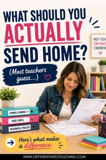 A teacher sits at a desk reviewing papers with colorful binders labeled “Summer Learning,” “Made Simple,” and “Meaningful Practice.” Text reads, “How do you prevent summer slide upper elementary? (Most teachers guess…).”.