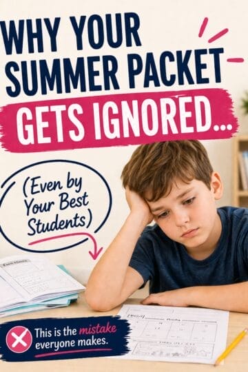 A young boy sits at a desk, bored and resting his head on his hand, with unfinished schoolwork in front of him. Text reads: Why your summer packet gets ignored... (Even by your best students). Learn how to prevent summer slide upper elementary!.