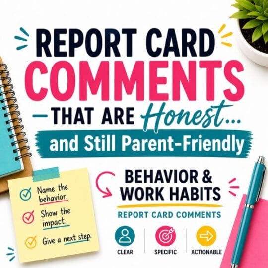 Colorful graphic with the text: Report Card Comments That Are Honest and Still Parent-Friendly. Behavior & Work Habits. Includes behavior report card comments to name the behavior, show impact, and suggest next steps, plus notepad, pen, and paper clips.