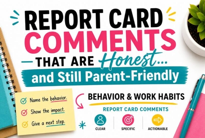 Colorful graphic titled “Report Card Comments That Are Honest…and Still Parent-Friendly.” Offers behavior report card comments tips: Name the behavior, show the impact, and give a next step. Features icons for clear, specific, and actionable feedback.