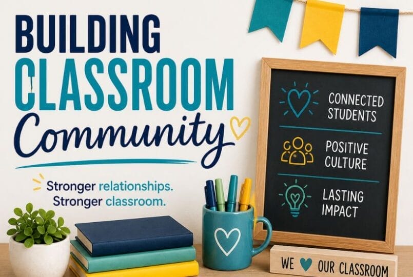 Decor and supplies on a desk below signs that read: Building Classroom Community. Stronger relationships. Stronger classroom. A chalkboard lists benefits: sense of belonging, connected students, positive culture, lasting impact.