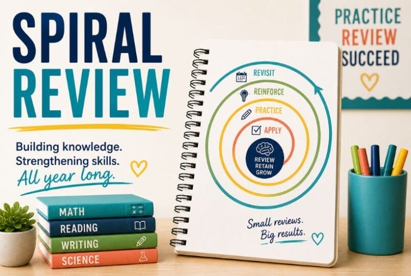 Spiral Review and Assessment Strategies: A Complete Guide for Elementary & Middle School Teachers 1 A spiral-bound notebook with a diagram labeled Spiral Review, showing steps: Revisit, Reinforce, Practice, and Apply—perfect for elementary school. Stacked books read Math, Reading, Writing, Science. Building knowledge. Strengthening skills. All year long.