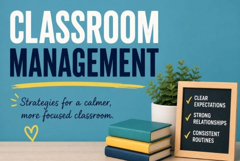 Classroom Management Strategies: A Complete Guide for Elementary Teachers 1 A sign reads Classroom Management with text below: Strategies for a calmer, more focused classroom. Next to stacked books and a plant, a chalkboard lists classroom management strategies like clear expectations, strong relationships, and routines.