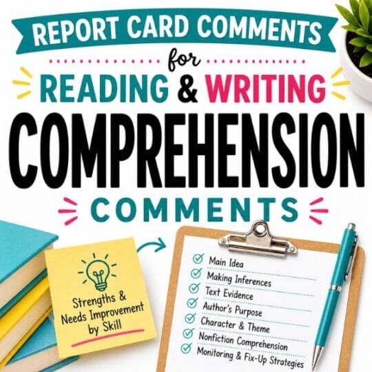 Colorful graphic with the text Report Card Comments for Reading & Writing Comprehension, plus tailored report card comments for struggling readers. A sticky note lists Strengths & Needs Improvement by Skill, and a clipboard highlights Main Idea and Text Evidence skills.