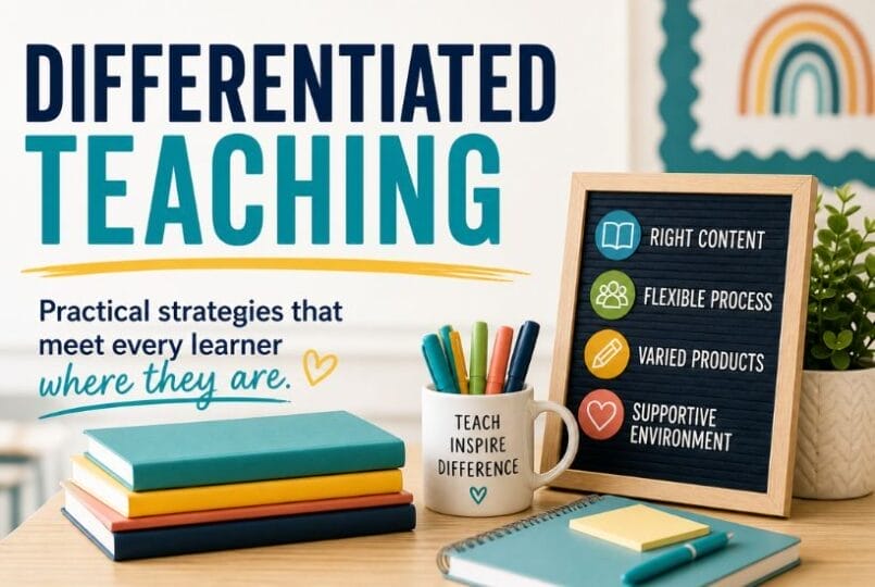 A classroom scene with stacked notebooks, a mug of colored pencils, and a sign listing Differentiated Teaching Strategies: right content, flexible process, varied products, and supportive environment. A rainbow poster hangs in the background.