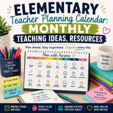 An illustrated promo for an elementary teacher planning calendar features monthly teaching ideas for elementary teachers, resources, icons for subjects, and motivational phrases. Desk calendar, planners, and school supplies are shown with encouraging notes and symbols.