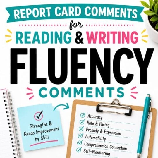 Colorful graphic with the title Report Card Comments for Reading & Writing Fluency Comments. Features a checklist, notepad, pen, and a sticky note reading Strengths & Needs Improvement by Skill—ideal for crafting report card comments for struggling readers.