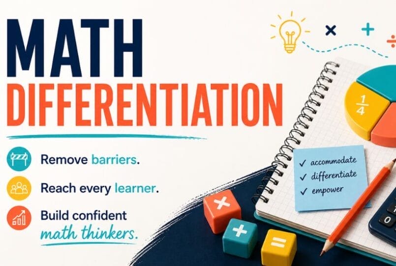 Colorful graphic with Math Differentiation in large text, icons for learning goals, and math symbols on a notepad and blocks; text highlights intervention, accommodations, removing barriers, and building confident math thinkers.