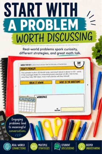 Math Talk Without Eye Rolls: How to Get Middle Schoolers Talking About Math 2 A colorful classroom poster reads, “Start With a Problem Worth Discussing.” Featuring an iPad with a math problem and school supplies, it promotes middle school math talk, real-world connections, and deeper understanding.