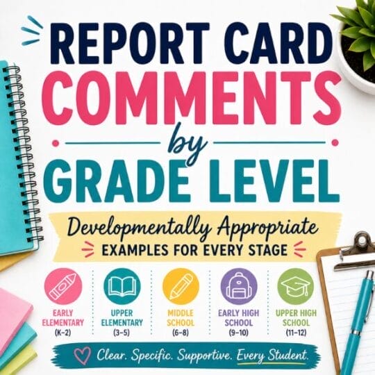 Report Card Comments: The Complete Guide for Every Student and Subject 7 Colorful graphic titled “Report Card Comments by Grade Level” with icons for early elementary, upper elementary, middle school, early high school, and upper high school. Below, find sample report card comments for every stage.