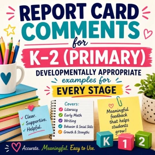 Colorful educational graphic titled Report Card Comments for K-2 (Primary) with books, pencils, plants, and sticky notes listing subject areas and positive qualities—ideal for drafting primary grade report card comments or kindergarten report card comments for struggling students.