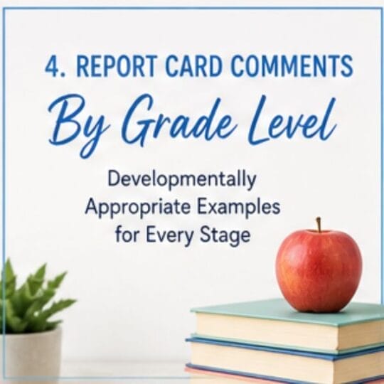 A red apple sits on a stack of books next to a green plant. Text reads: 4. Report Card Comments By Grade Level. A complete guide with developmentally appropriate examples for every student at every stage.