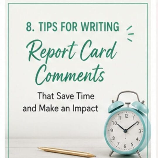 A graphic with text: 8 Tips for Writing Report Card Comments That Save Time and Make an Impact. Below the text is a blue alarm clock and two pencils on a desk—a complete guide for providing feedback to every student.
