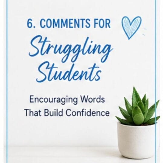 Text reads: 6. Report Card Comments for Struggling Students: Encouraging Words That Build Confidence. A small green succulent plant in a white pot sits in the bottom right corner. A blue heart is drawn in the top right.