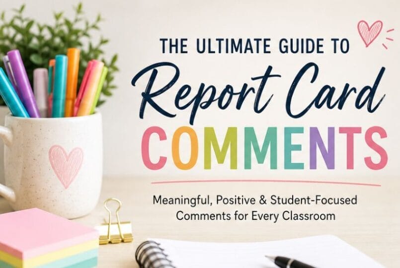 A desk with pastel-colored pens in a white cup, stacked notepads, and a gold paperclip. Text reads: The Ultimate Report Card Guide—meaningful, positive student report comments for every classroom.