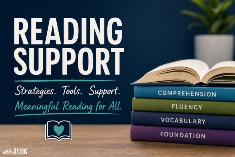 Stack of four books labeled Comprehension, Fluency, Vocabulary, and Foundation next to text reading “Reading Support: Strategies. Tools. Literacy support. Meaningful Reading for All.” An open book icon is at the bottom.