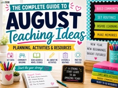 A colorful graphic titled The Complete Guide to August Teaching Ideas for Elementary Teachers, featuring sections for planning, activities, and resources. Various books, supplies, and encouraging signs are displayed on a teacher’s desk.