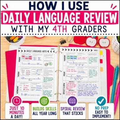 An open planner with colorful notes for 4th Grade Daily Language Review, Grammar, and vocabulary activities lies on a desk with office supplies. Text: “How I use Daily Language Review with my 4th graders.” Icons highlight its ease and effectiveness.