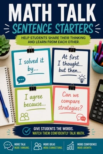 Math Talk Without Eye Rolls: How to Get Middle Schoolers Talking About Math 3 A poster titled Math Talk Sentence Starters for middle school math talk shows four squares with phrases: I solved it by..., At first I thought... but then..., I agree because..., and Can we compare strategies? Pens and plants are around.