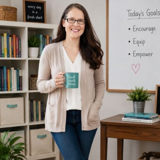 A smiling woman wearing glasses, a light cardigan, and jeans stands holding a coffee mug in her home office. Behind her are bookshelves and a whiteboard with Today's Goals: Encourage, Equip, Empower—perfect for teaching inspiration.