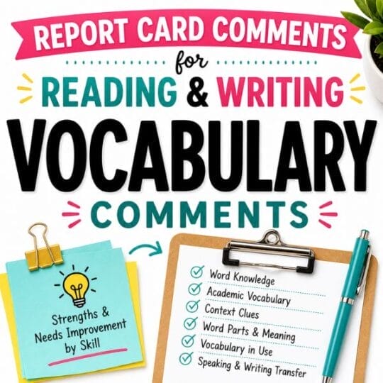 Colorful graphic with text: “Report Card Comments for Reading & Writing Vocabulary Comments.” Features sticky notes labeled “Strengths & Needs Improvement by Skill” and a clipboard listing report card comments for reading and ELA vocabulary skills.