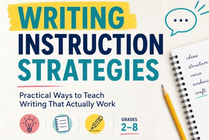 Colorful graphic with text: Writing Instruction Strategies: Practical Ways to Teach Writing That Actually Work, Grades 2–8—ideal for elementary and middle school teachers. Includes icons of a lightbulb, notebook, pencil, and spiral notebook with writing.