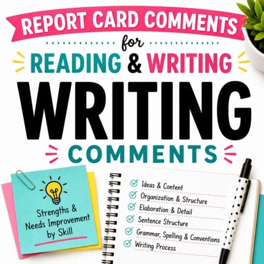 Colorful graphic titled Report Card Comments for Reading & Writing, featuring a notepad listing writing skills and a sticky note labeled “Strengths & Needs Improvement by Skill”—perfect for report card comments for reading and ELA, highlighted by a lightbulb illustration.